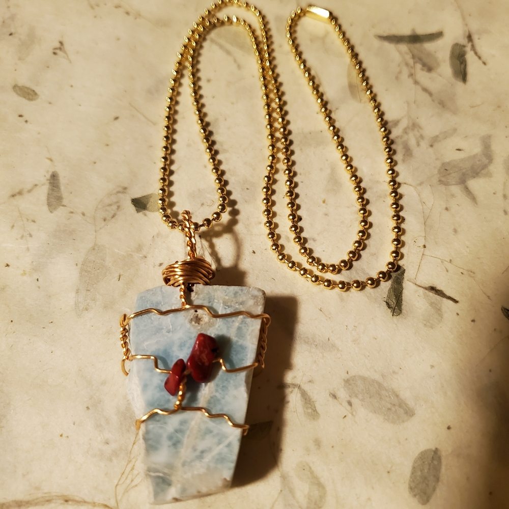 Handmade Wire Wrapped Larimar Necklace With Coral Beads